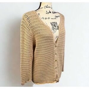 Vtg Eddie Bauer Open Knit Mercerized Cotton Crochet Cardigan Sweater XL V-Neck